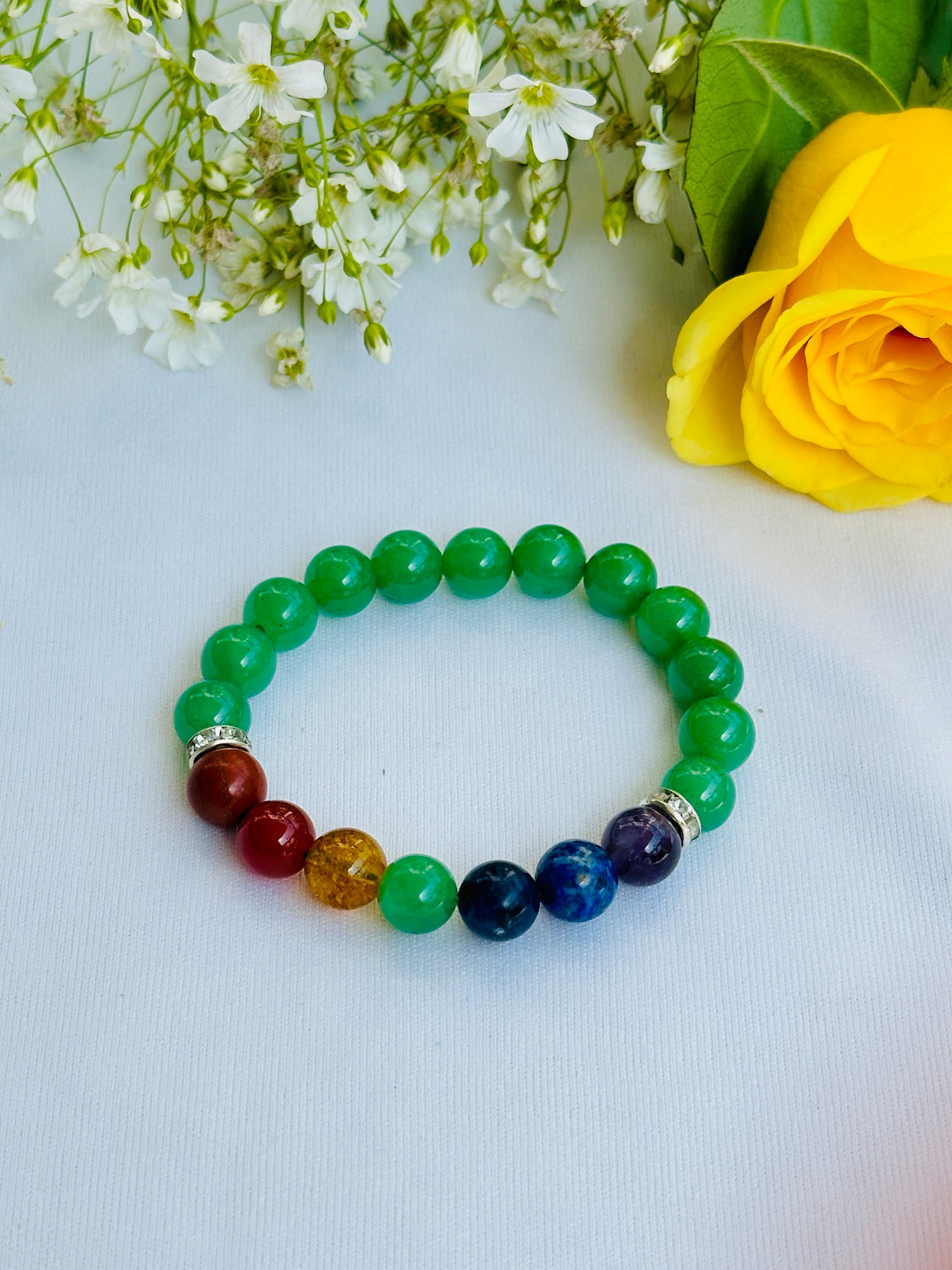 Obstacle Removal in Love Life Bracelet (Green Aventurine with Seven Chakra) - Abhimantrit & Certified